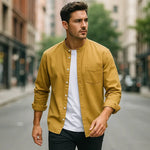 Modinzi mens Shirts Mustard Yellow / S Men's Mandarin Collar Casual Button Down Shirt – Long Sleeve Lightweight Cotton Top
