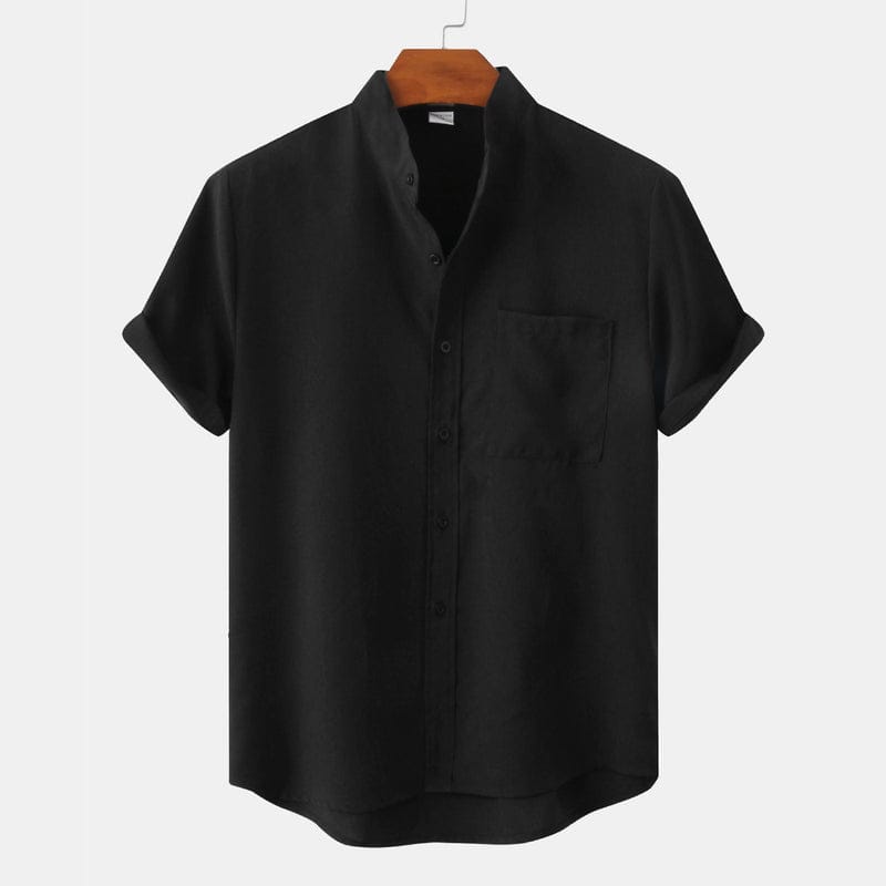 Modinzi men Shirts black / M Men’s Mandarin Collar Linen Shirt – Short Sleeve Lightweight Summer Top