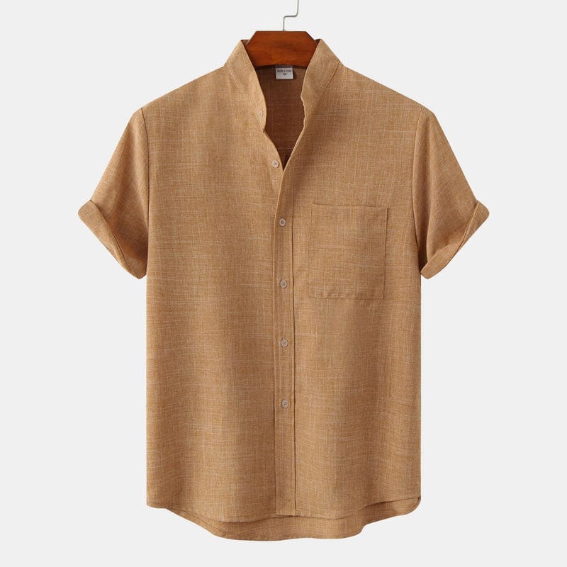 Modinzi men Shirts Brown / M Men’s Mandarin Collar Linen Shirt – Short Sleeve Lightweight Summer Top