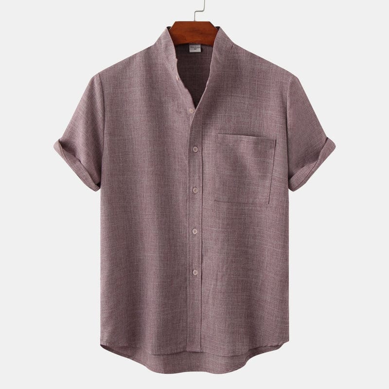 Modinzi men Shirts Lilac / M Men’s Mandarin Collar Linen Shirt – Short Sleeve Lightweight Summer Top