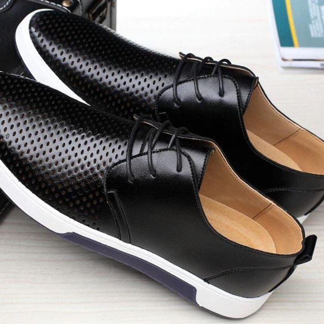 Modinzi mens shoes black / 6 Men’s Perforated Leather Derby Shoes – Smart Casual Lace-Up Sneakers with Breathable Design