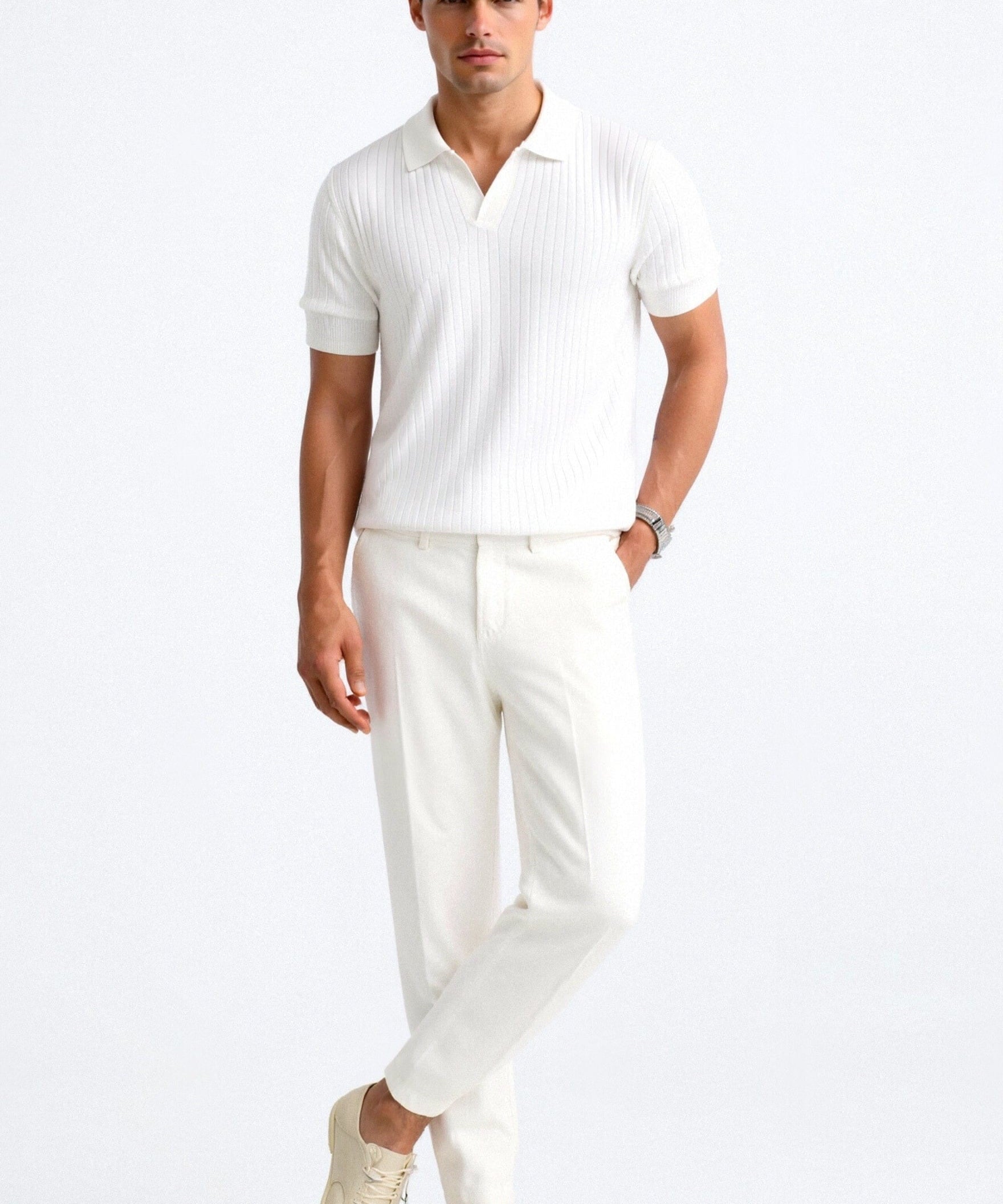 Modinzi men Shirts Men’s Ribbed Knit Polo Shirt – Minimalist Short Sleeve Top