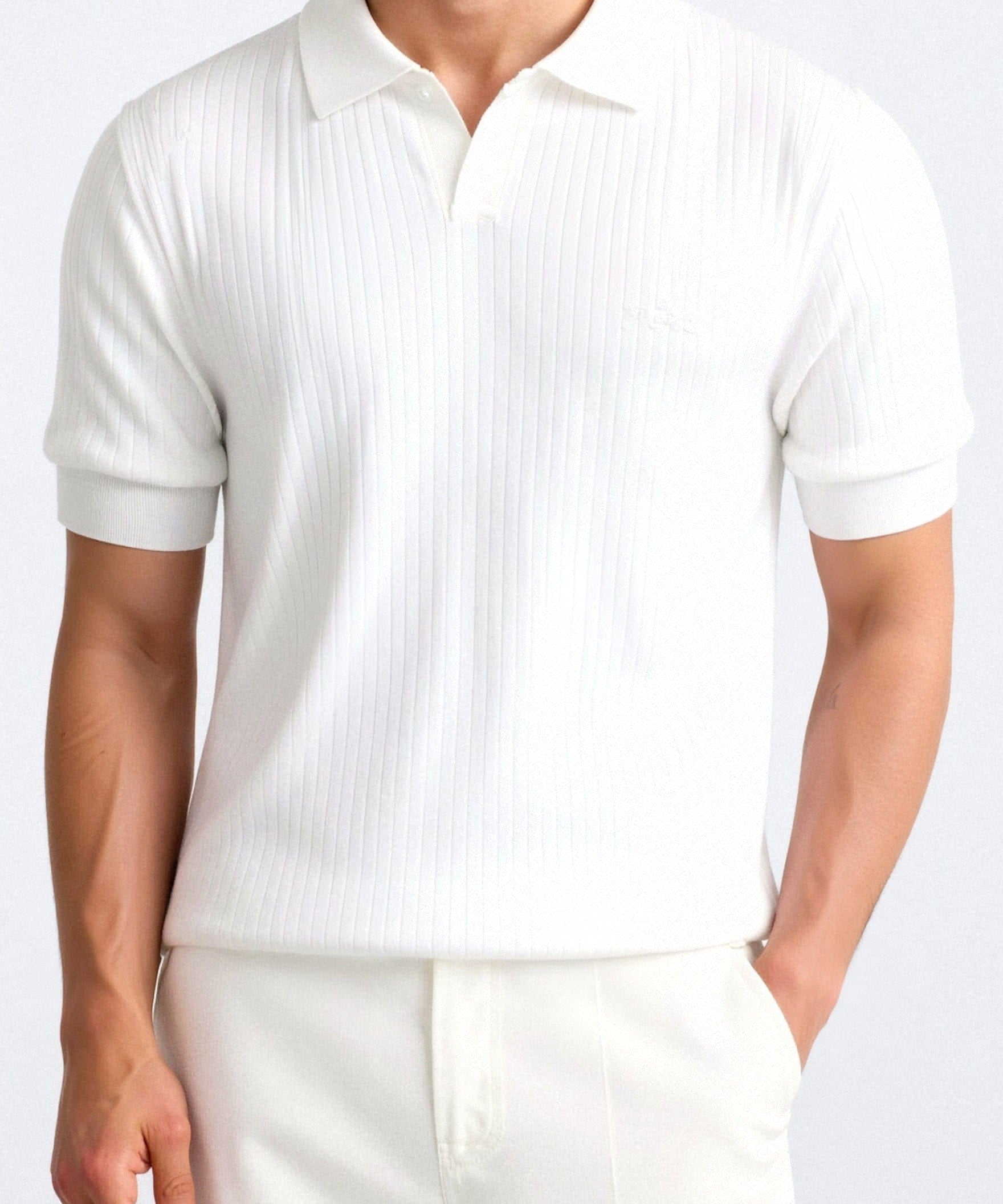 Modinzi men Shirts White / S Men’s Ribbed Knit Polo Shirt – Minimalist Short Sleeve Top