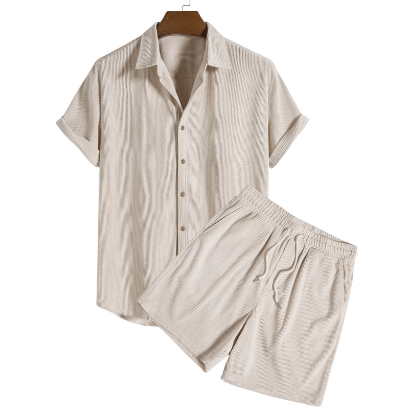 Modinzi mens set Beige / S Men’s Ribbed Short Sleeve Shirt and Shorts Set – Casual Outfit