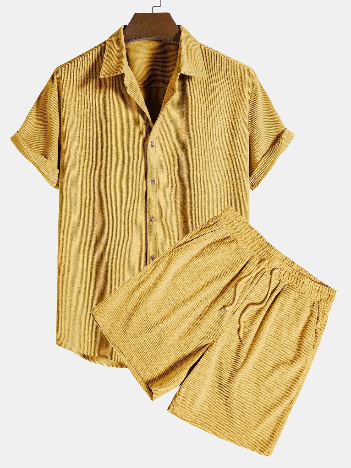 Modinzi mens set Yellow / S Men’s Ribbed Short Sleeve Shirt and Shorts Set – Casual Outfit