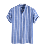 Modinzi men Shirts Blue / M Men’s Striped Linen Short Sleeve Shirt – Casual Mandarin Collar Summer Top