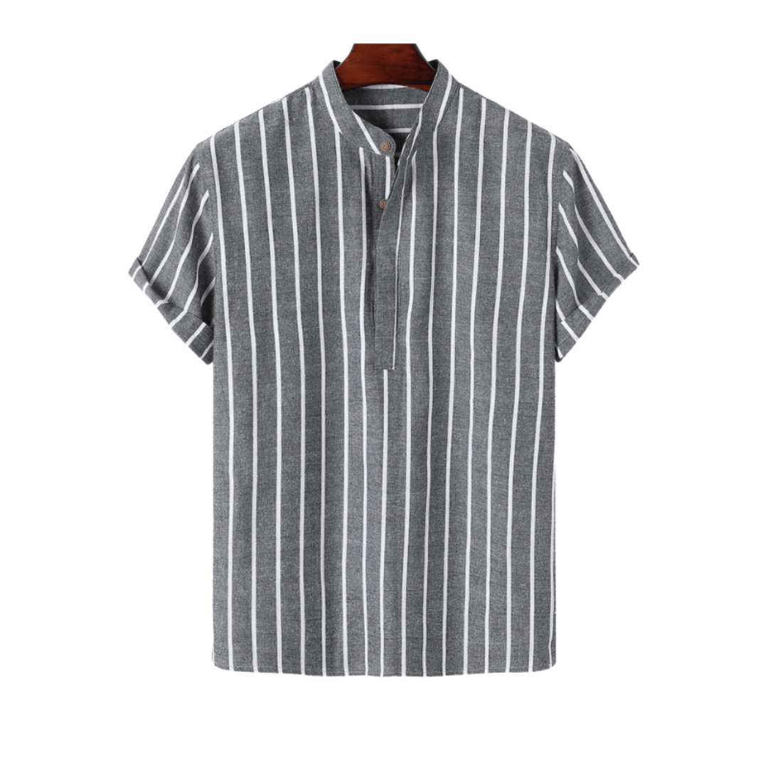 Modinzi men Shirts Grey / M Men’s Striped Linen Short Sleeve Shirt – Casual Mandarin Collar Summer Top