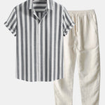 Modinzi mens set Grey / S Men’s Striped Short Sleeve Shirt and Casual Pants Set – Lightweight Outfit