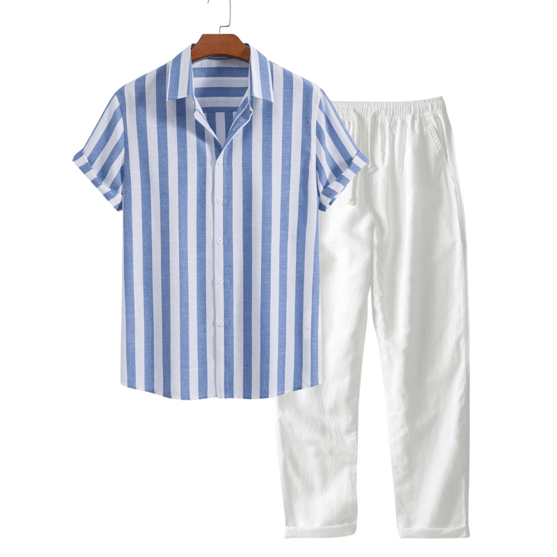 Modinzi mens set light blue / S Men’s Striped Short Sleeve Shirt and Casual Pants Set – Lightweight Outfit