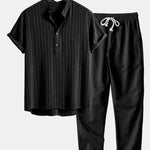 Modinzi mens set Black / S Men’s Striped Short Sleeve Shirt and Casual Pants Set – Lightweight Two-Piece Outfit
