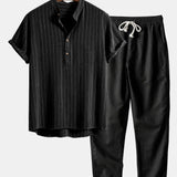 Modinzi mens set Black / S Men’s Striped Short Sleeve Shirt and Casual Pants Set – Lightweight Two-Piece Outfit