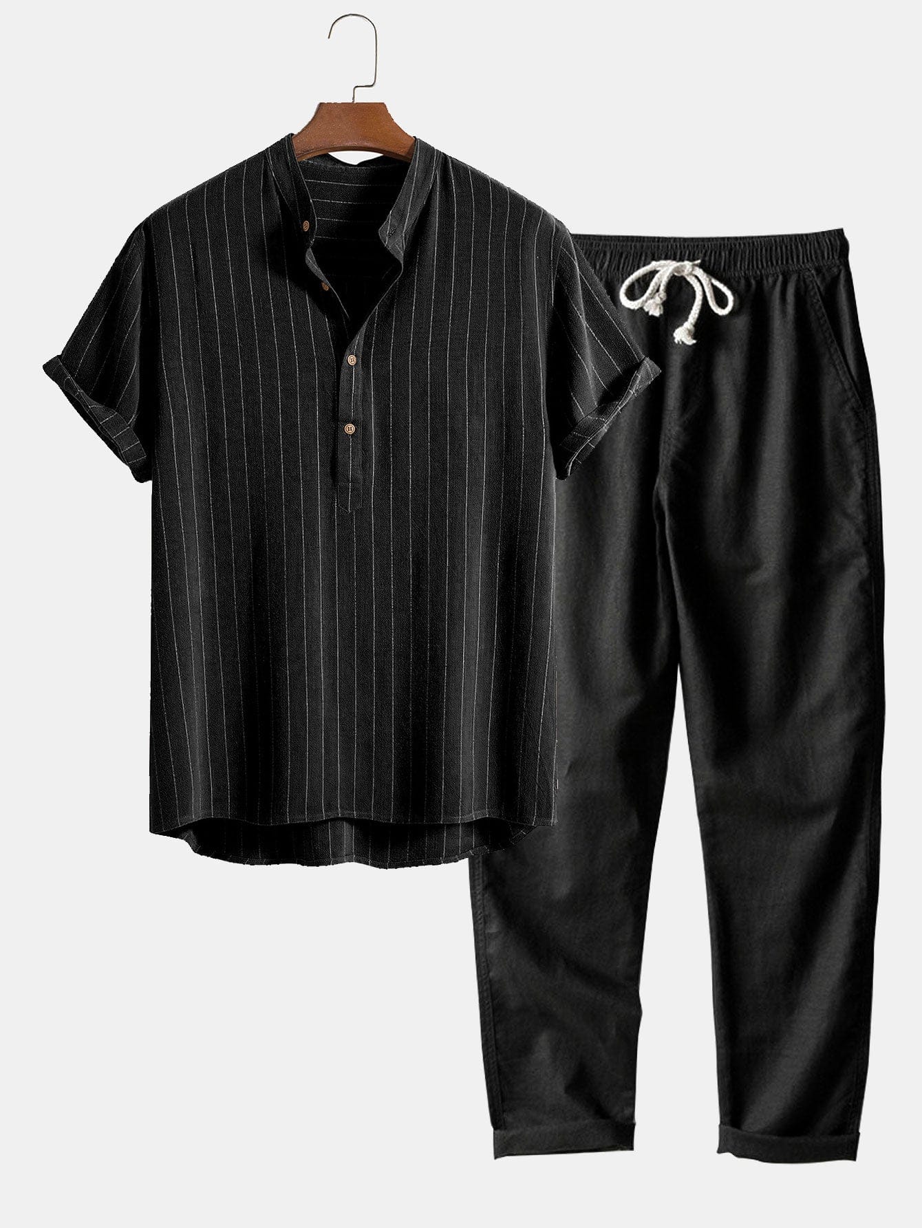 Modinzi mens set Black / S Men’s Striped Short Sleeve Shirt and Casual Pants Set – Lightweight Two-Piece Outfit
