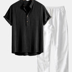 Modinzi mens set black&white / S Men’s Striped Short Sleeve Shirt and Casual Pants Set – Lightweight Two-Piece Outfit