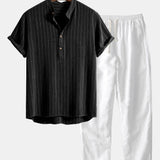 Modinzi mens set black&white / S Men’s Striped Short Sleeve Shirt and Casual Pants Set – Lightweight Two-Piece Outfit
