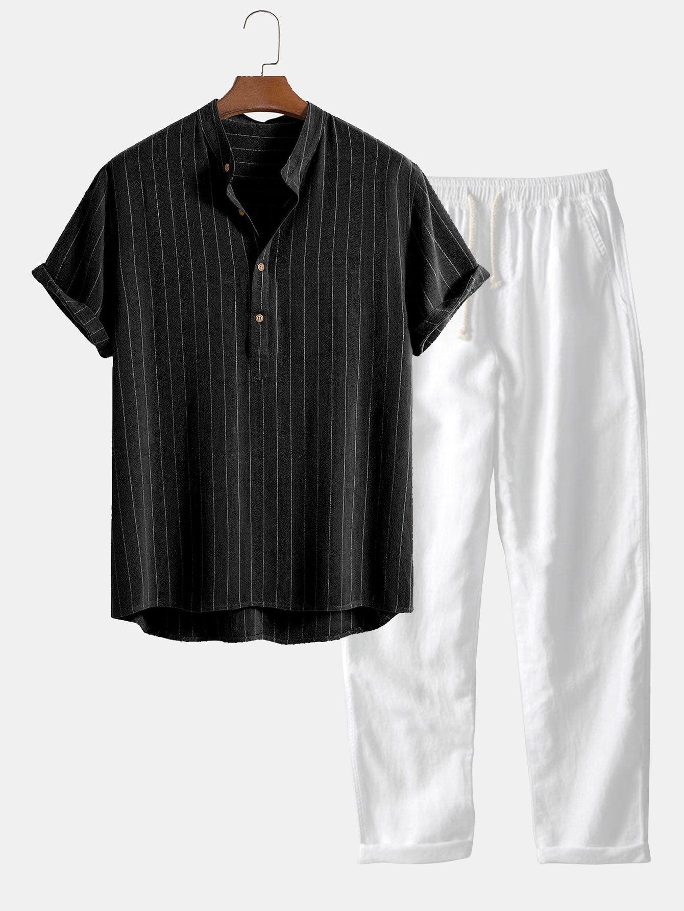 Modinzi mens set black&white / S Men’s Striped Short Sleeve Shirt and Casual Pants Set – Lightweight Two-Piece Outfit