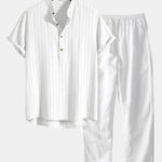 Modinzi mens set white / S Men’s Striped Short Sleeve Shirt and Casual Pants Set – Lightweight Two-Piece Outfit