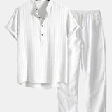 Modinzi mens set white / S Men’s Striped Short Sleeve Shirt and Casual Pants Set – Lightweight Two-Piece Outfit