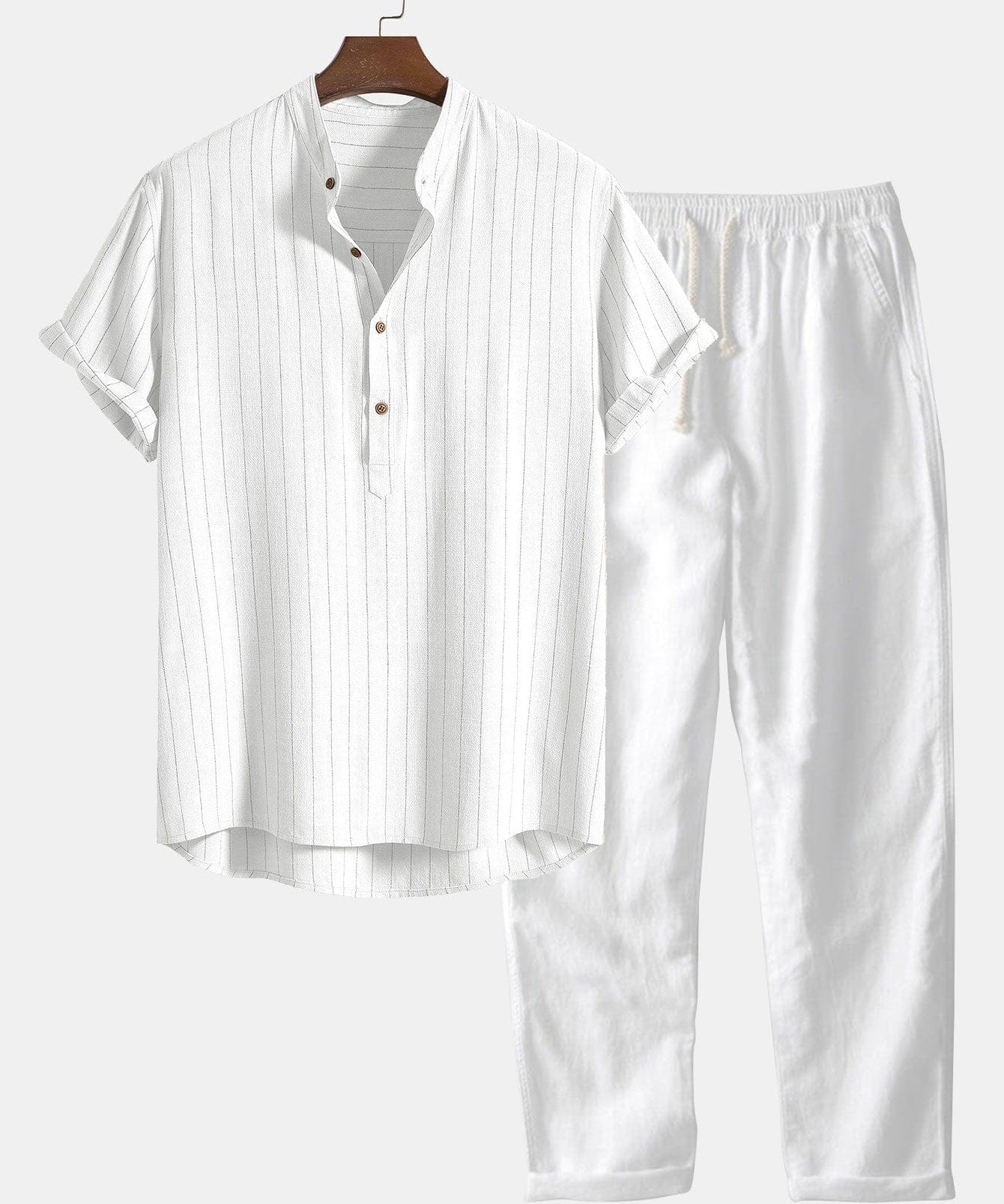 Modinzi mens set white / S Men’s Striped Short Sleeve Shirt and Casual Pants Set – Lightweight Two-Piece Outfit