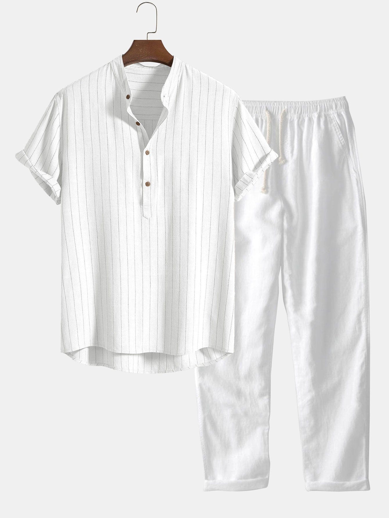 Modinzi mens set white / S Men’s Striped Short Sleeve Shirt and Casual Pants Set – Lightweight Two-Piece Outfit