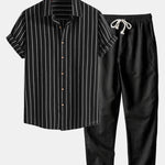 Modinzi mens set Black / S Men’s Striped Short Sleeve Shirt and Linen Pants Set – Relaxed Summer Outfit