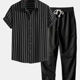 Modinzi mens set Black / S Men’s Striped Short Sleeve Shirt and Linen Pants Set – Relaxed Summer Outfit