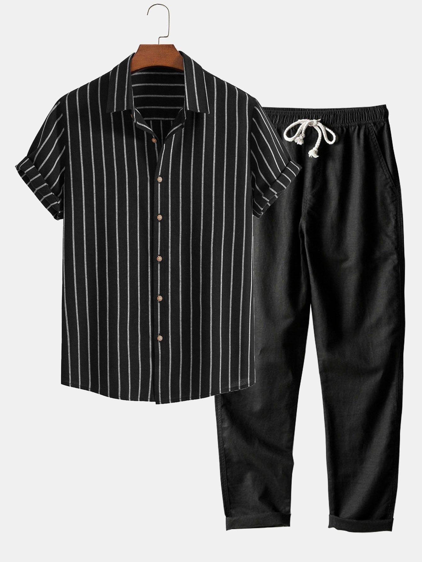 Modinzi mens set Black / S Men’s Striped Short Sleeve Shirt and Linen Pants Set – Relaxed Summer Outfit