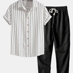 Modinzi mens set black&white / S Men’s Striped Short Sleeve Shirt and Linen Pants Set – Relaxed Summer Outfit