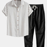 Modinzi mens set black&white / S Men’s Striped Short Sleeve Shirt and Linen Pants Set – Relaxed Summer Outfit