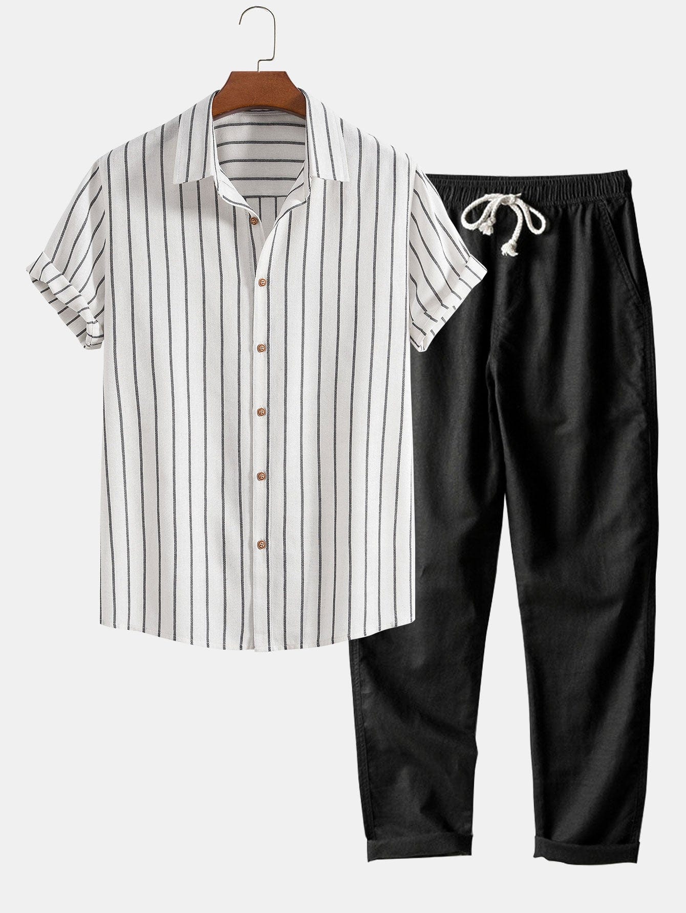 Modinzi mens set black&white / S Men’s Striped Short Sleeve Shirt and Linen Pants Set – Relaxed Summer Outfit