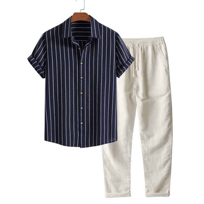 Modinzi mens set Navy / S Men’s Striped Short Sleeve Shirt and Linen Pants Set – Relaxed Summer Outfit