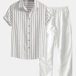 Modinzi mens set white / S Men’s Striped Short Sleeve Shirt and Linen Pants Set – Relaxed Summer Outfit