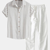 Modinzi mens set white / S Men’s Striped Short Sleeve Shirt and Linen Pants Set – Relaxed Summer Outfit