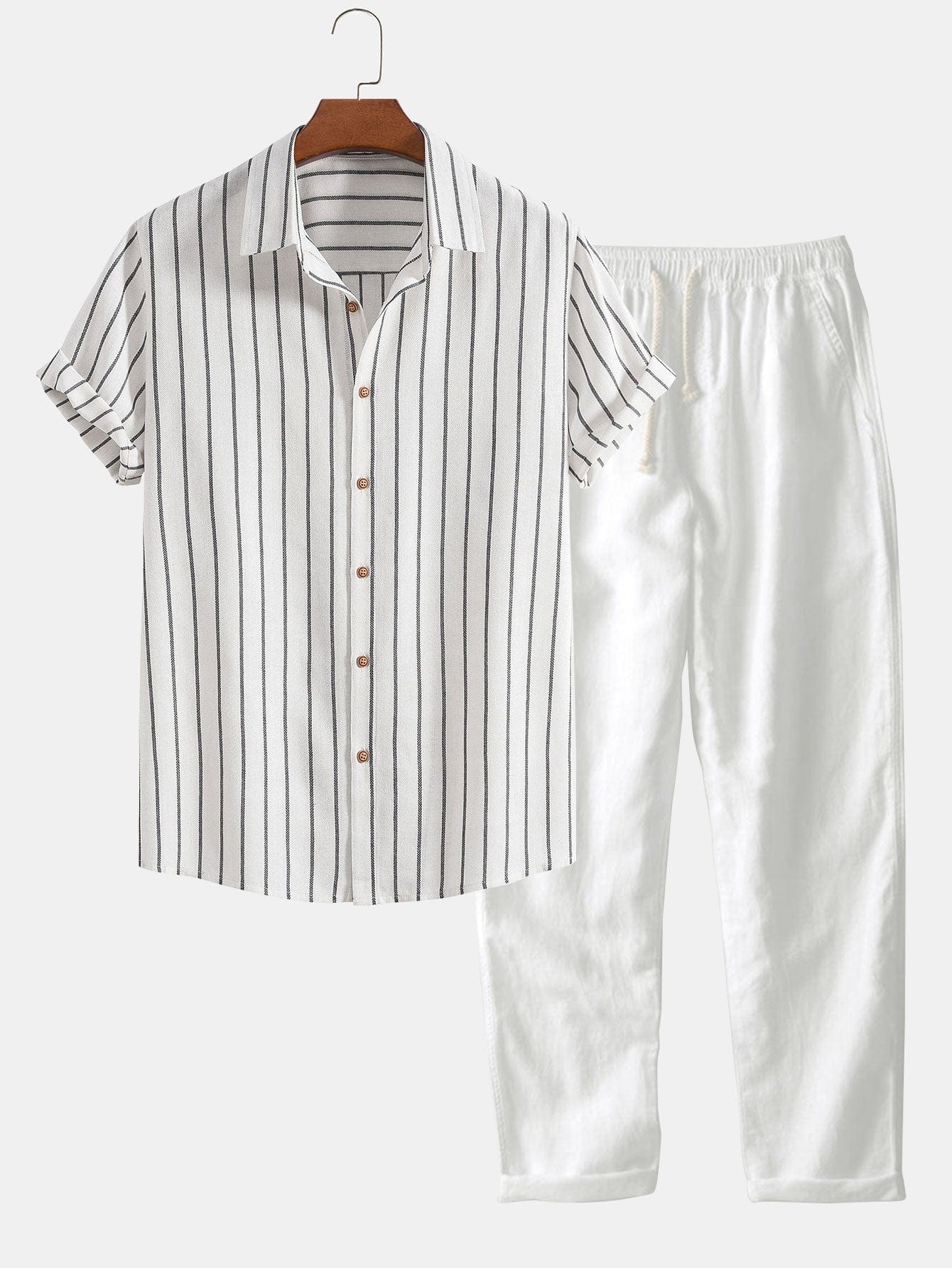 Modinzi mens set white / S Men’s Striped Short Sleeve Shirt and Linen Pants Set – Relaxed Summer Outfit