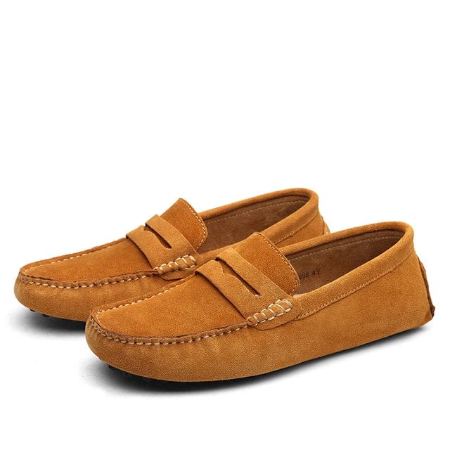 Modinzi mens shoes caramel / 6 Men’s Suede Driving Loafers – Classic Slip-On Penny Moccasins with Rubber Sole