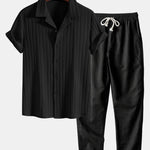 Modinzi mens set Black / S Men’s Textured Short Sleeve Shirt and Drawstring Pants Set – Casual Outfit