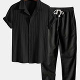 Modinzi mens set Black / S Men’s Textured Short Sleeve Shirt and Drawstring Pants Set – Casual Outfit