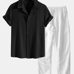 Modinzi mens set black&white / S Men’s Textured Short Sleeve Shirt and Drawstring Pants Set – Casual Outfit