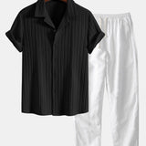Modinzi mens set black&white / S Men’s Textured Short Sleeve Shirt and Drawstring Pants Set – Casual Outfit