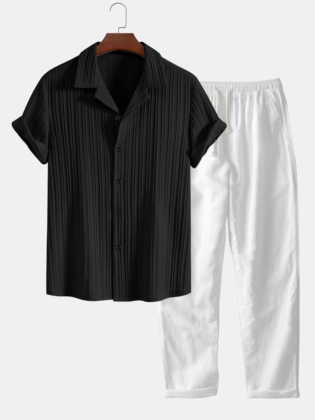 Modinzi mens set black&white / S Men’s Textured Short Sleeve Shirt and Drawstring Pants Set – Casual Outfit