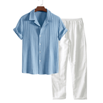 Modinzi mens set Blue / S Men’s Textured Short Sleeve Shirt and Drawstring Pants Set – Casual Outfit