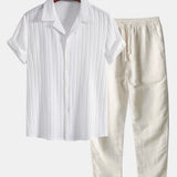 Modinzi mens set white&beige / S Men’s Textured Short Sleeve Shirt and Drawstring Pants Set – Casual Outfit