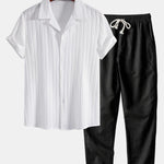 Modinzi mens set white&black / S Men’s Textured Short Sleeve Shirt and Drawstring Pants Set – Casual Outfit