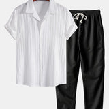 Modinzi mens set white&black / S Men’s Textured Short Sleeve Shirt and Drawstring Pants Set – Casual Outfit