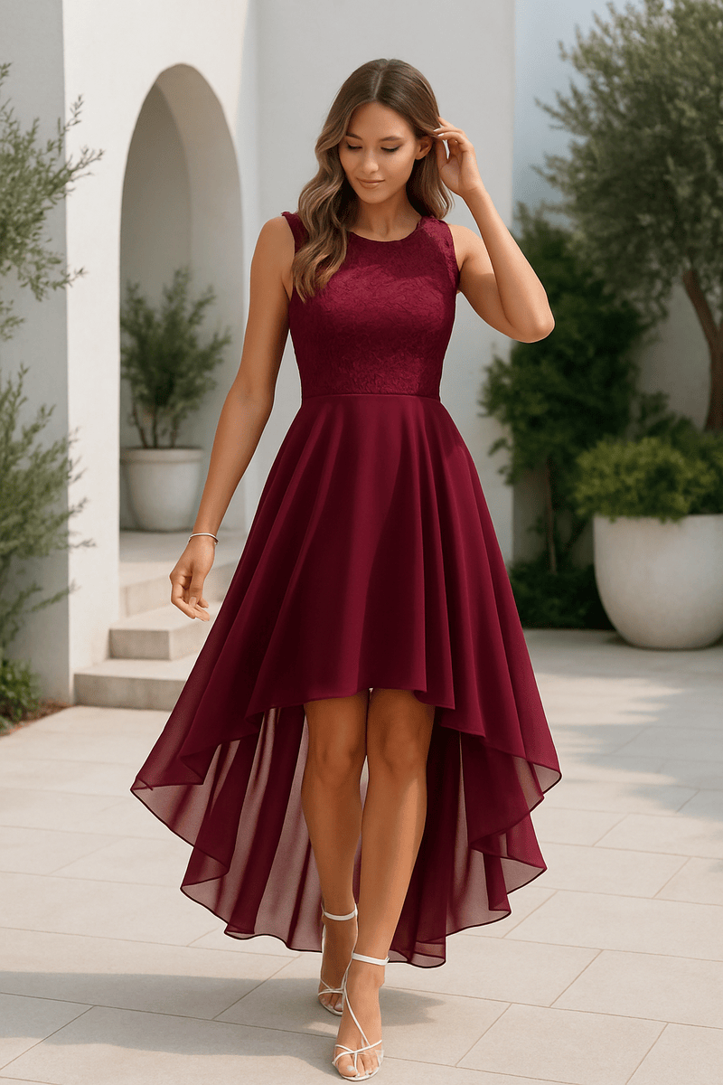 Modinzi Deep Red / 6 Midnight Waltz – Lace Bodice High-Low Dress
