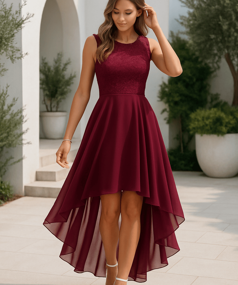 Modinzi Deep Red / 6 Midnight Waltz – Lace Bodice High-Low Dress