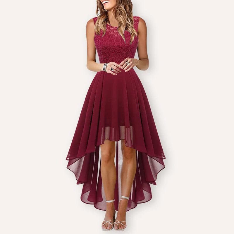 Modinzi Wine Red / 6 Midnight Waltz – Lace Bodice High-Low Dress