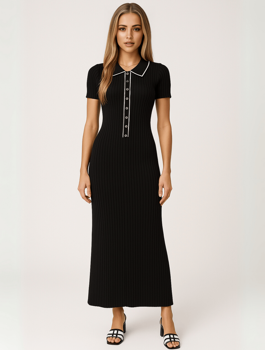 Modinzi black / 6 (XS) Monaco Line – Ribbed Polo Maxi Dress