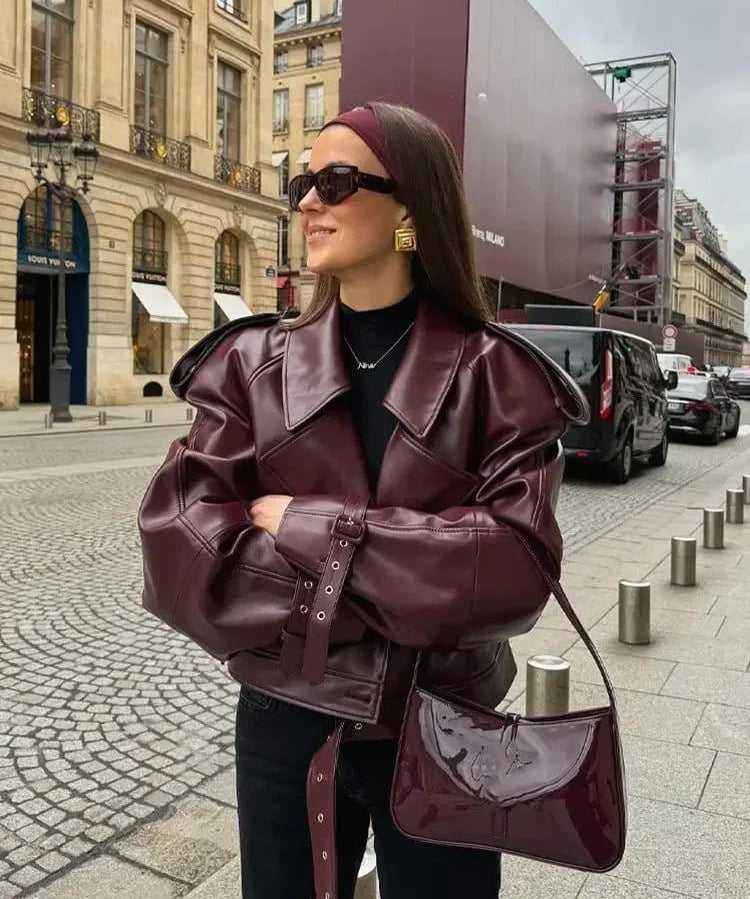 Modinzi Burgundy / 6 (XS) Monarch Frame – Oversized Leather Jacket