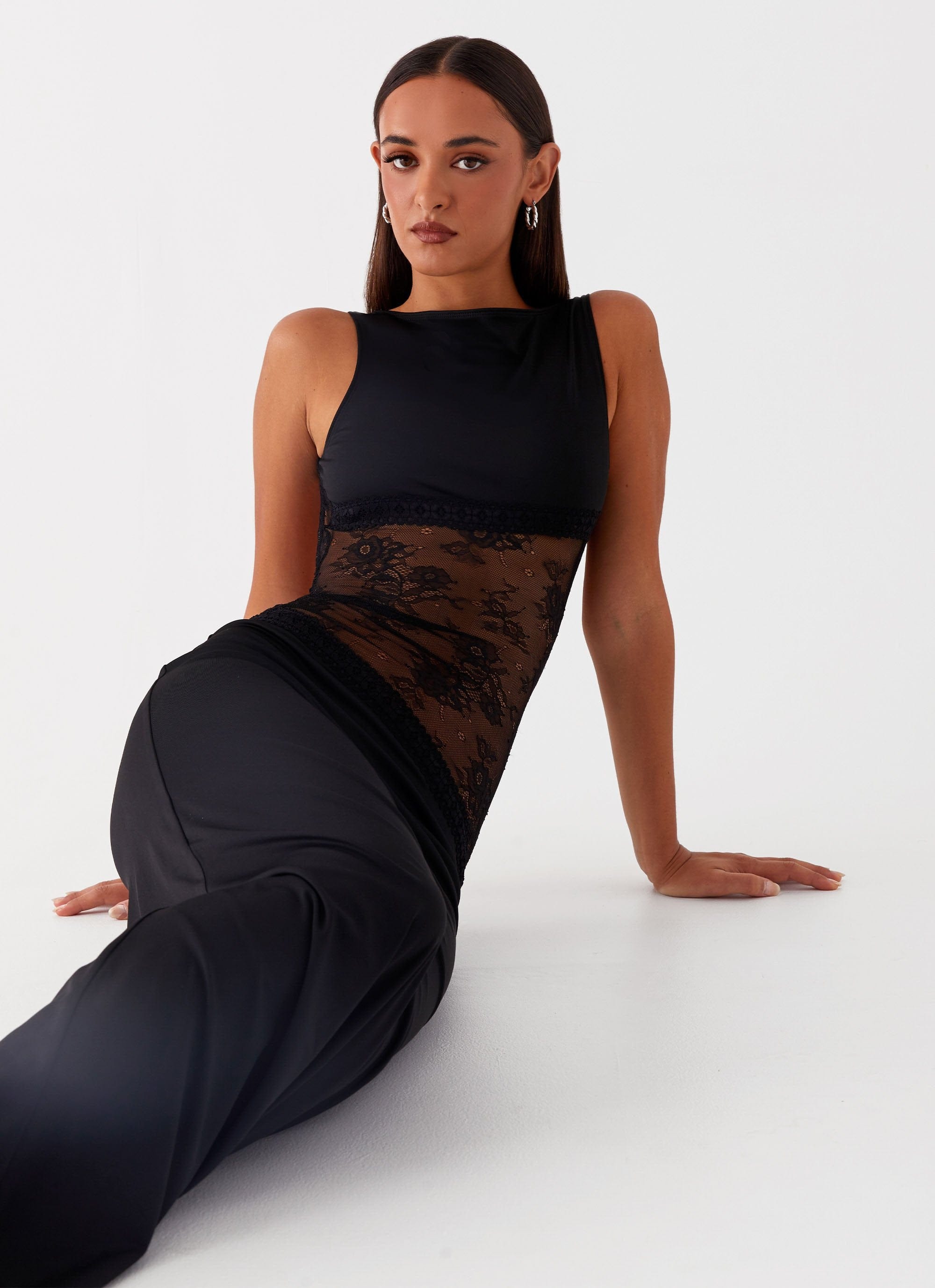Modinzi Noir Mystique – Lace Panel Maxi Dress
