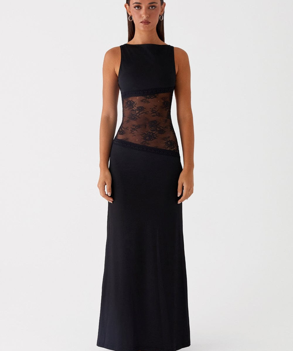 Modinzi Noir Mystique – Lace Panel Maxi Dress